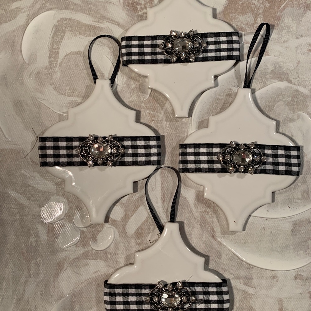Shabby Chic Christmas Tree Ornaments, NEW, Handmade, Black & White Set of 4